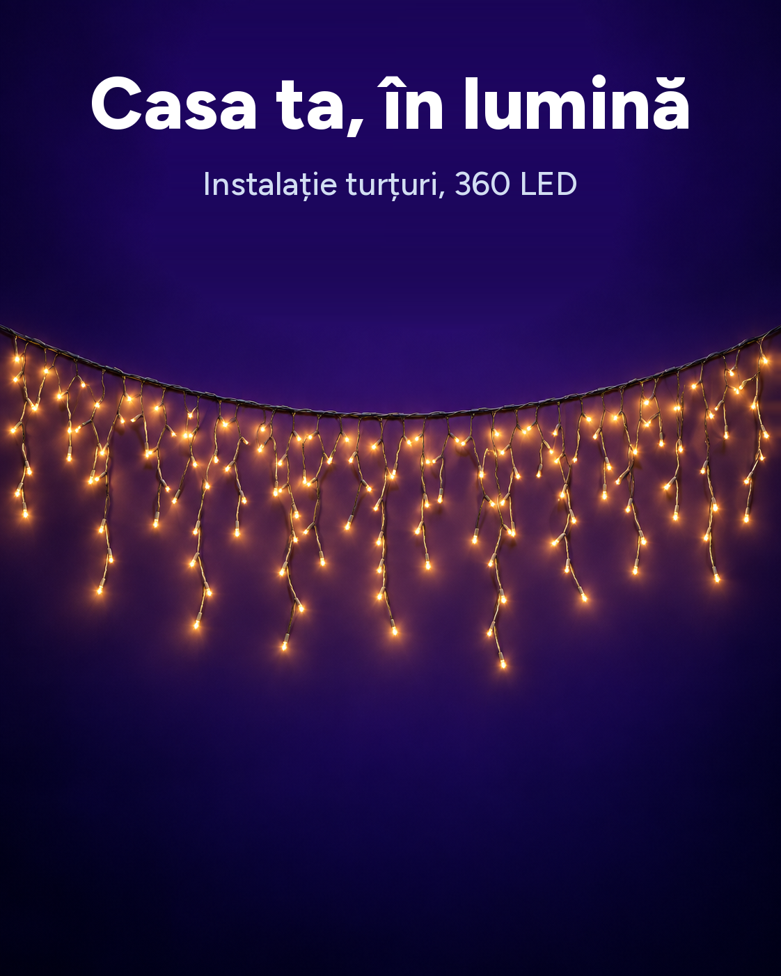 Instalație LED tip turțuri, alb cald, timer, interior și exterior