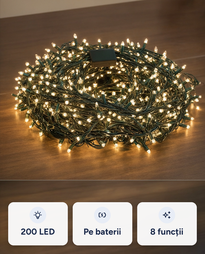 Instalație LED 200 LED, alb cald, 4 m, 8 funcții, timer, pe baterii