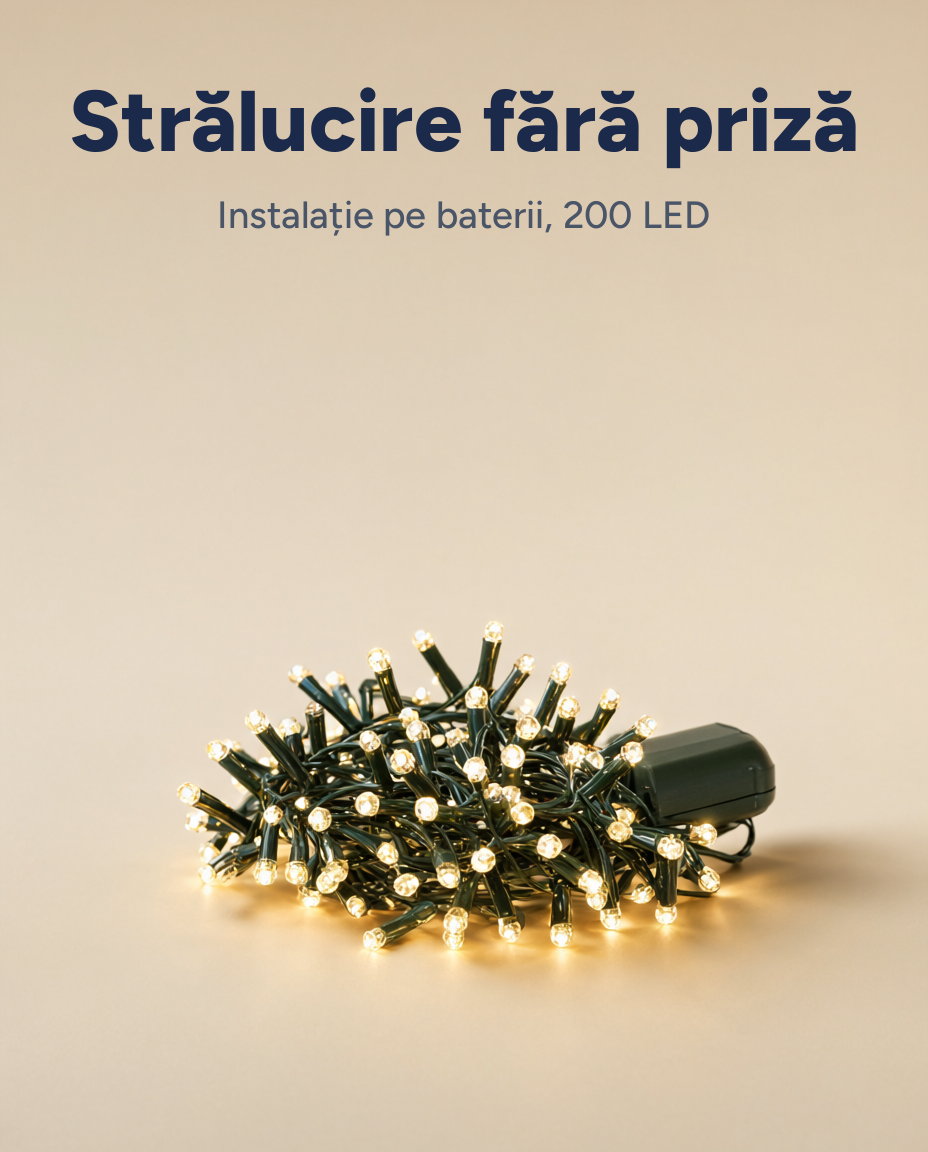 Instalație LED 200 LED, alb cald, 4 m, 8 funcții, timer, pe baterii
