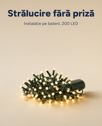 Instalație LED 200 LED, alb cald, 4 m, 8 funcții, timer, pe baterii