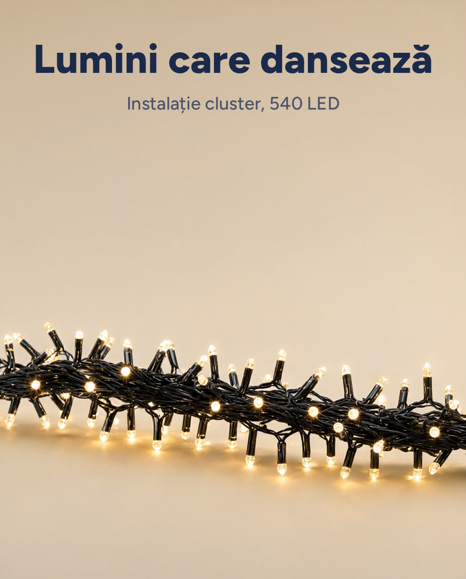 Instalație LED tip cluster 540 LED, alb cald, 7 m, efect de lumini fugitive