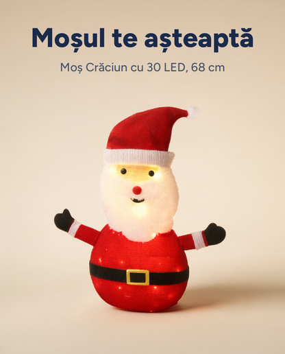 Moș Crăciun decorativ cu lumină, 30 LED, alb cald, 68 cm, timer, pe baterii