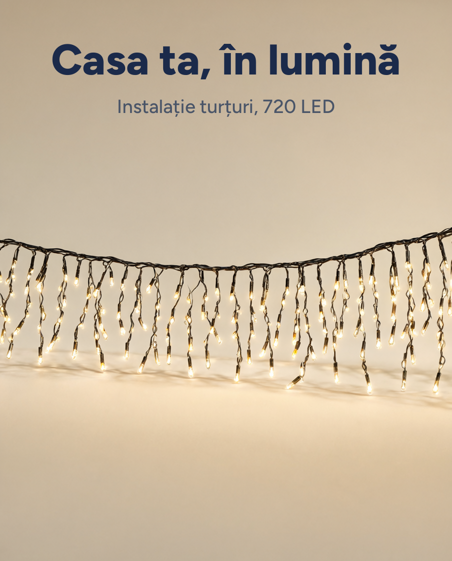 Instalație LED tip turțuri, alb cald, timer, interior și exterior