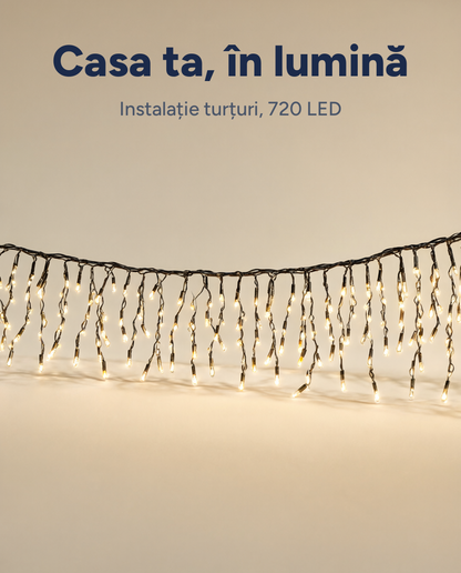 Instalație LED tip turțuri, alb cald, timer, interior și exterior