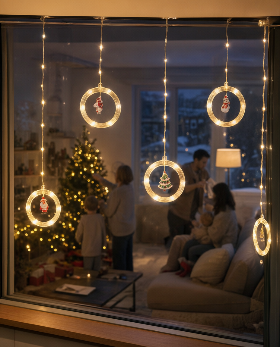 Perdea luminoasă cu inele și figurine de Crăciun, 125 LED, alb cald