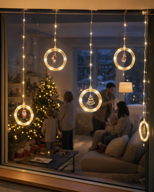 Perdea luminoasă cu inele și figurine de Crăciun, 125 LED, alb cald