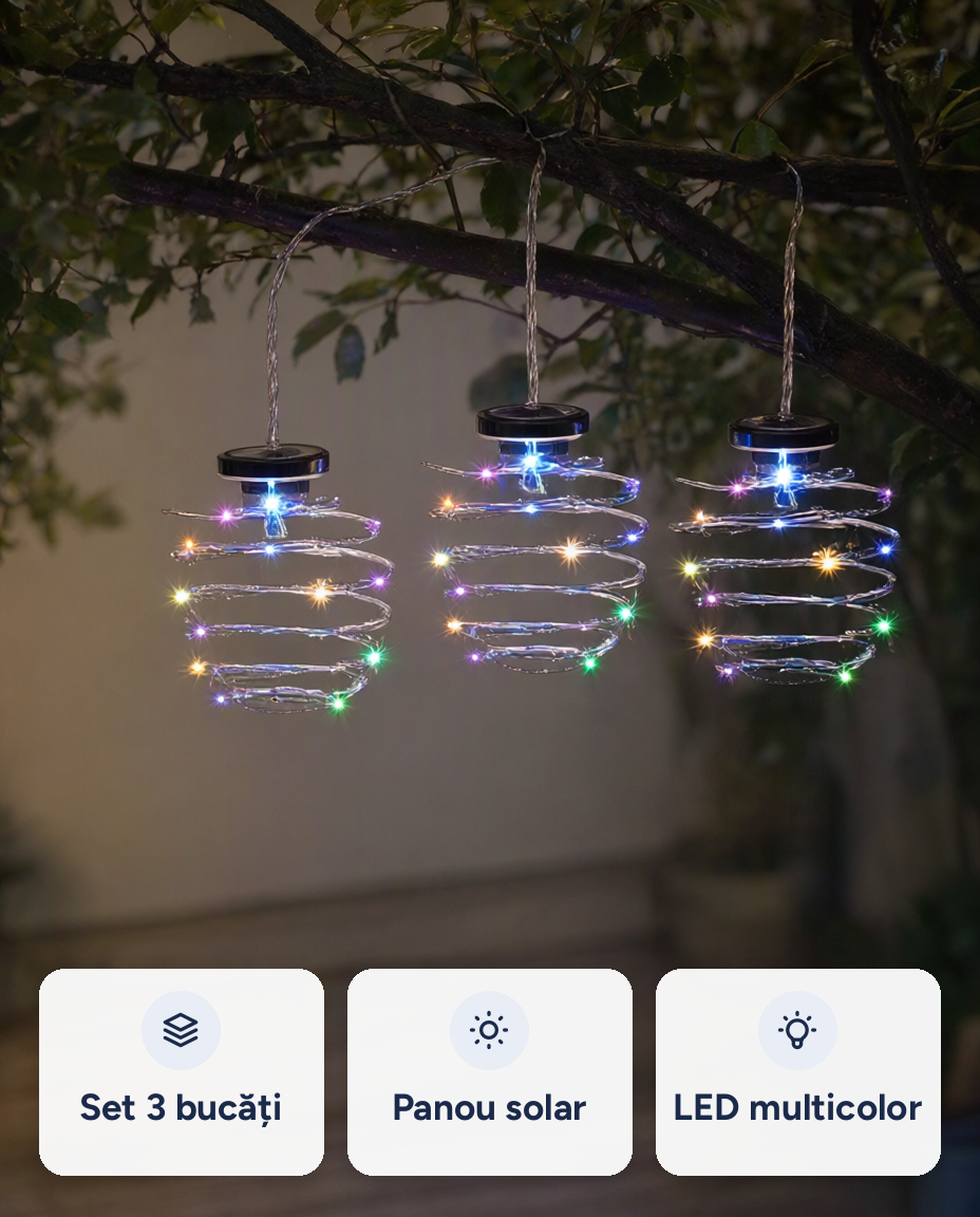 Set 3 lămpi solare spirală, LED multicolor, de agățat, Ø12 x 18,2 cm