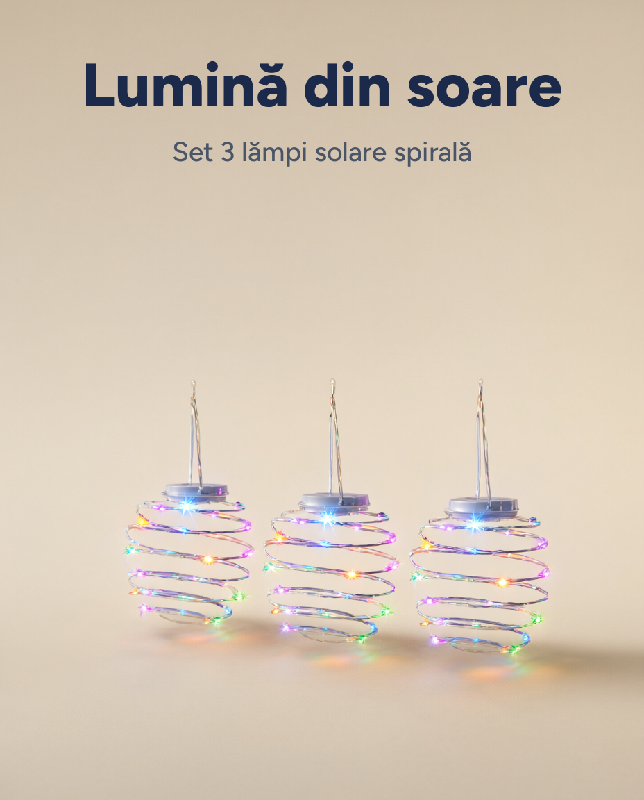 Set 3 lămpi solare spirală, LED multicolor, de agățat, Ø12 x 18,2 cm