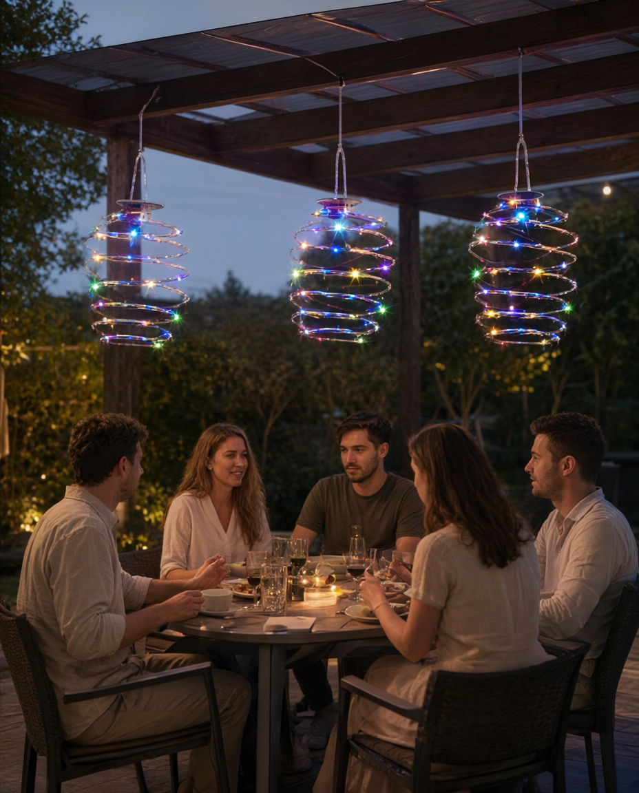 Set 3 lămpi solare spirală, LED multicolor, de agățat, Ø12 x 18,2 cm