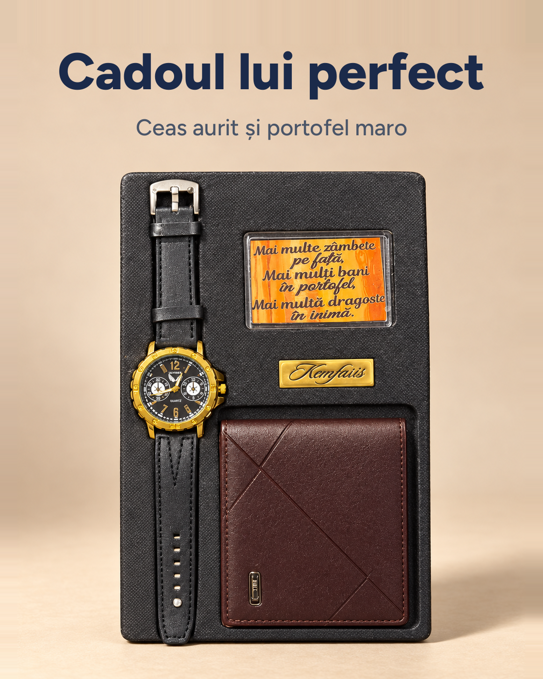 Set cadou bărbați: ceas aurit și portofel maro