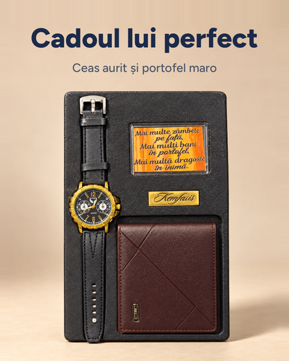 Set cadou bărbați: ceas aurit și portofel maro