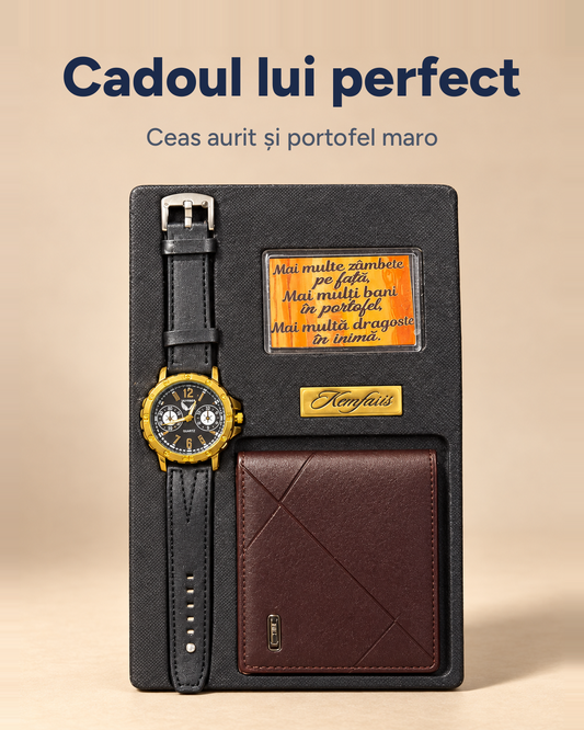 Set cadou bărbați: ceas aurit și portofel maro