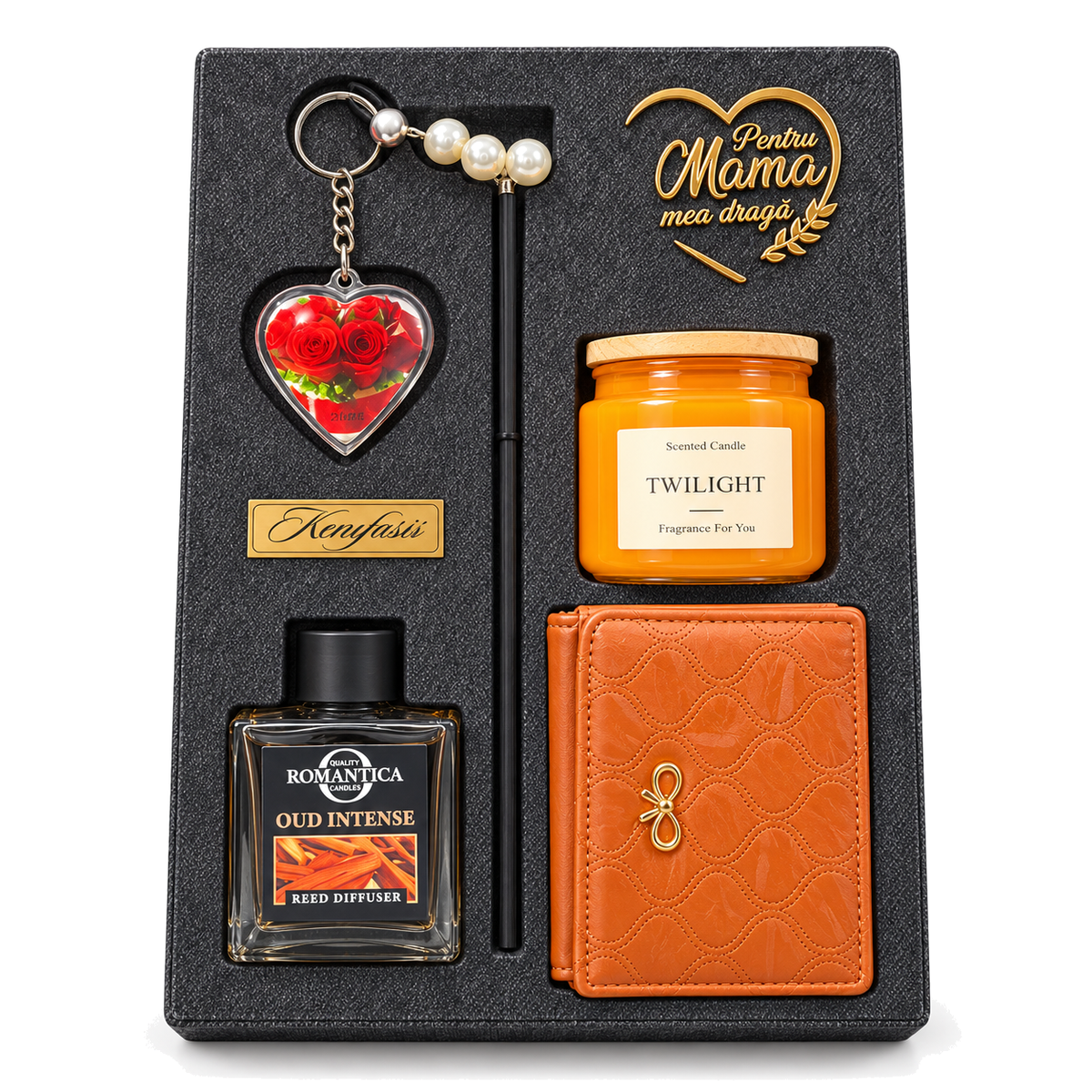 Set cadou damă Elegance: portofel, difuzor, lumânare parfumată, breloc inimă