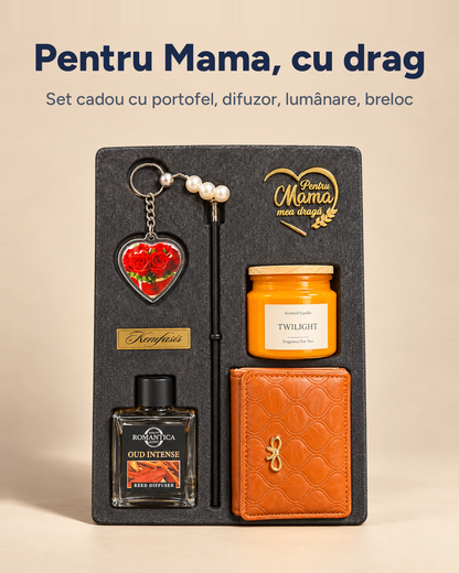 Set cadou damă Elegance: portofel, difuzor, lumânare parfumată, breloc inimă