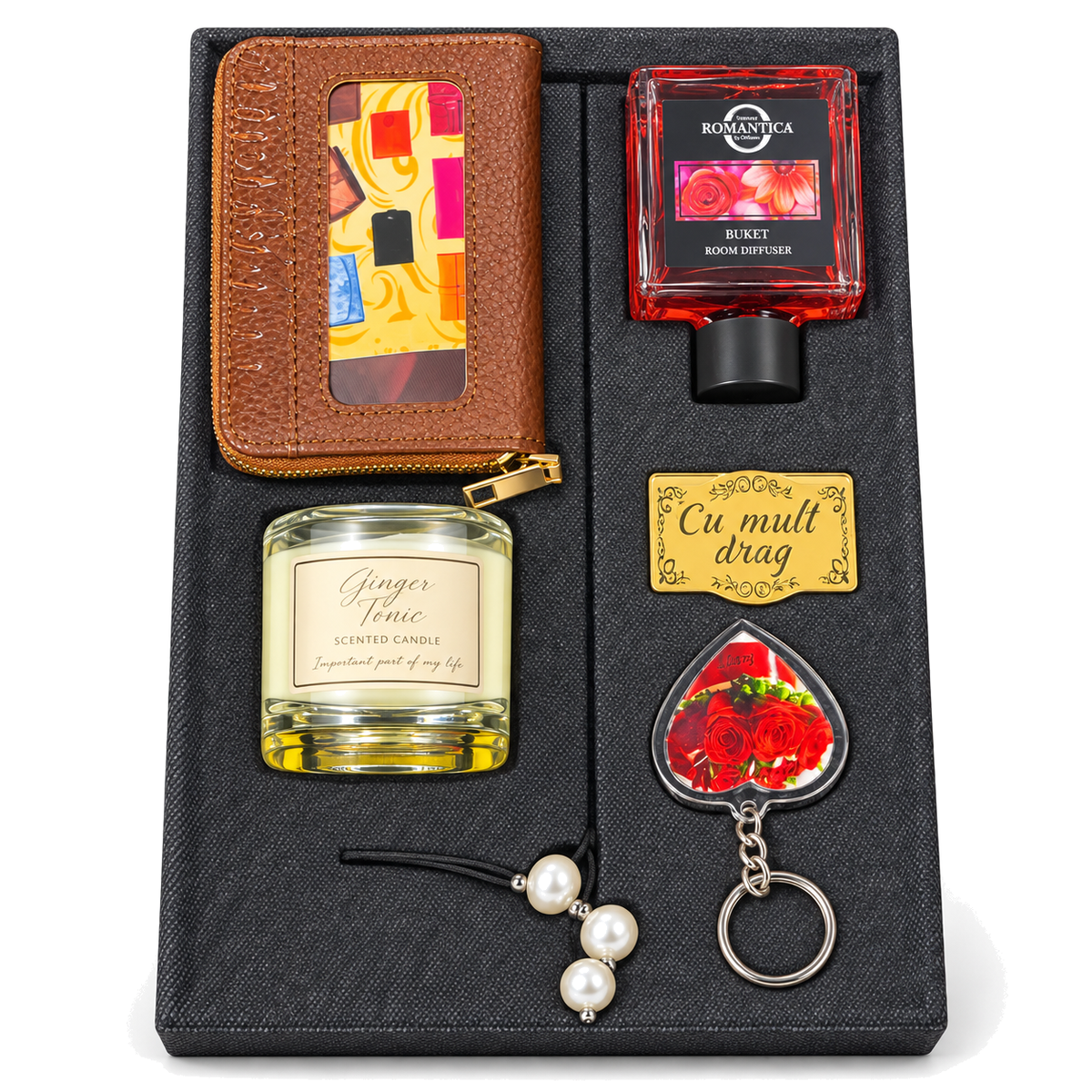 Set cadou damă Elegance: portofel, difuzor, lumânare parfumată, breloc inimă