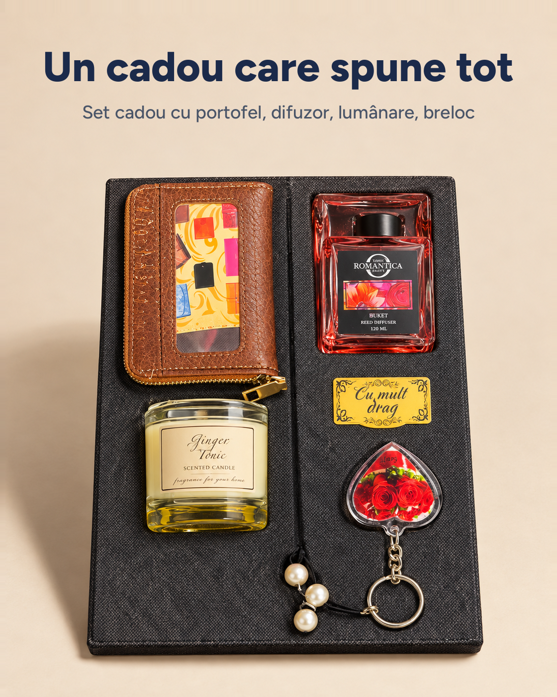 Set cadou damă Elegance: portofel, difuzor, lumânare parfumată, breloc inimă