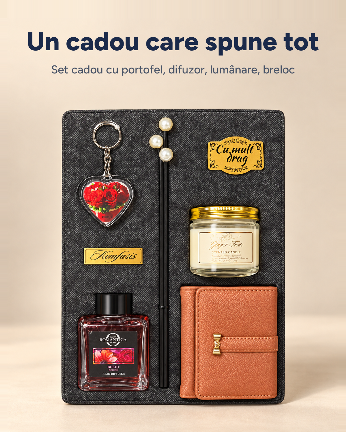 Set cadou damă Elegance: portofel, difuzor, lumânare parfumată, breloc inimă