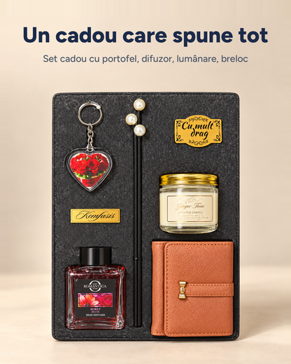 Set cadou damă Elegance: portofel, difuzor, lumânare parfumată, breloc inimă