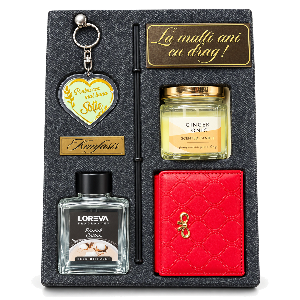 Set cadou damă Elegance: portofel, difuzor, lumânare parfumată, breloc inimă