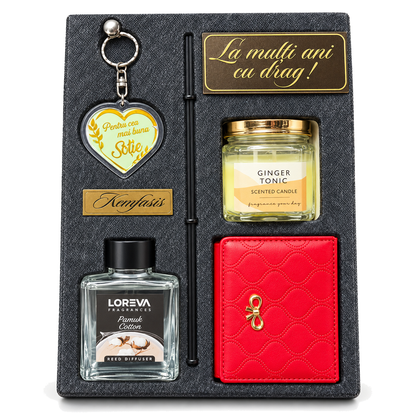 Set cadou damă Elegance: portofel, difuzor, lumânare parfumată, breloc inimă