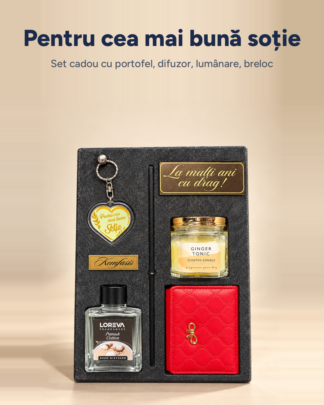 Set cadou damă Elegance: portofel, difuzor, lumânare parfumată, breloc inimă