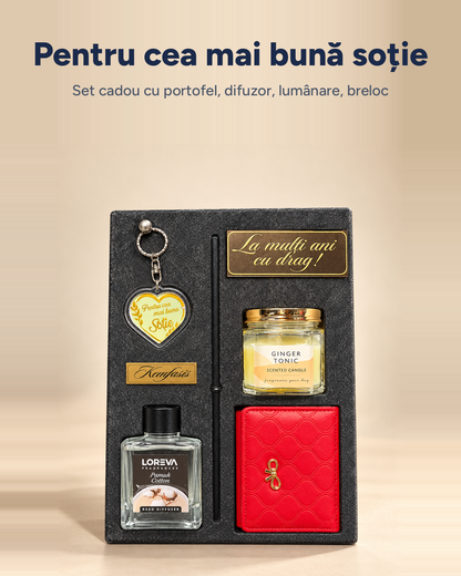 Set cadou damă Elegance: portofel, difuzor, lumânare parfumată, breloc inimă