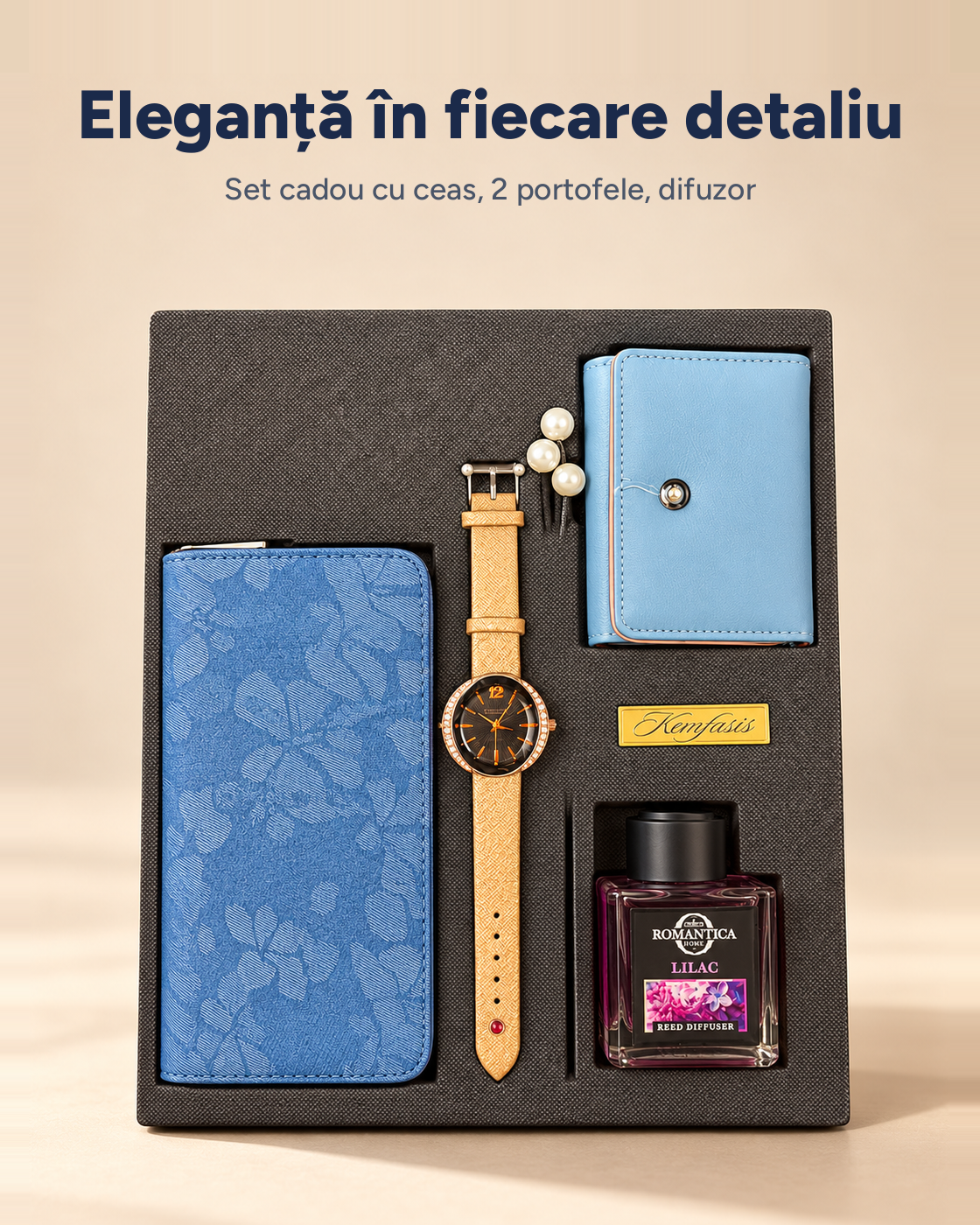 Set cadou Elegance damă: ceas, portofel, suport carduri, difuzor