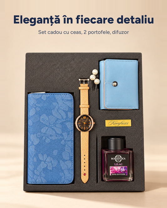 Set cadou Elegance damă: ceas, portofel, suport carduri, difuzor