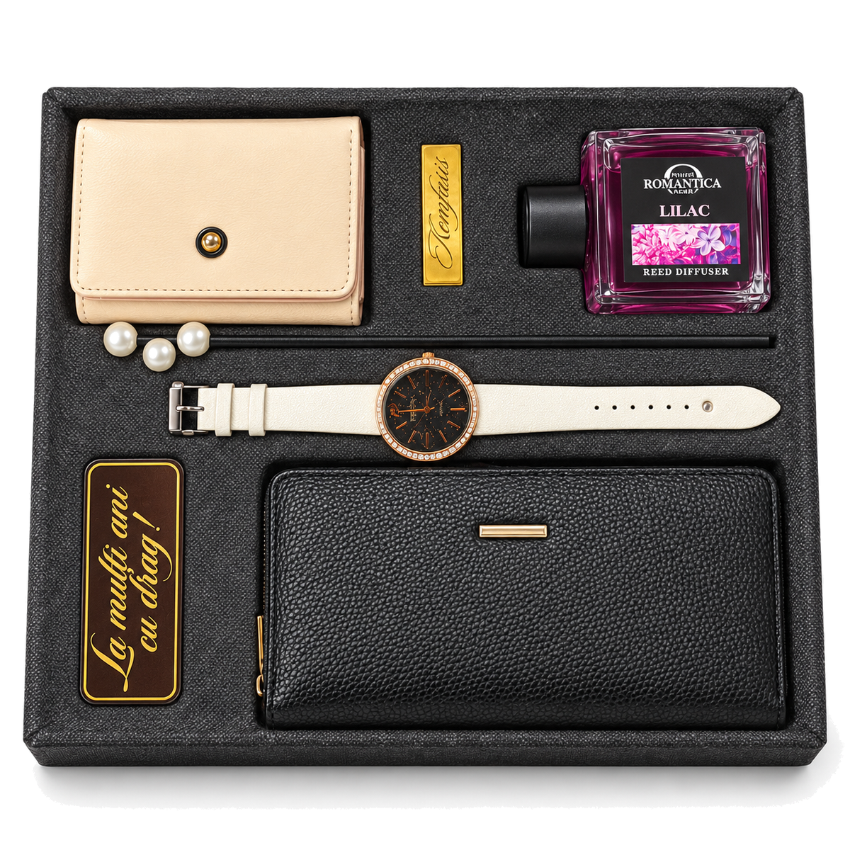 Set cadou Elegance damă: ceas, portofel, suport carduri, difuzor