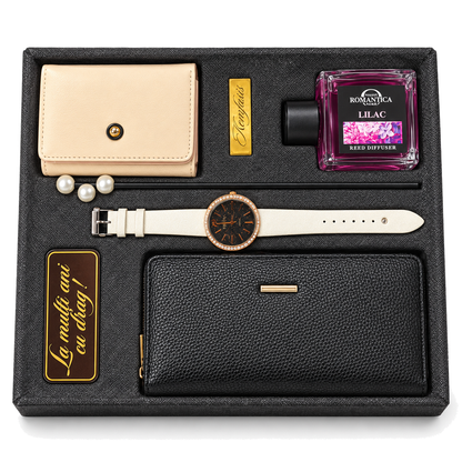 Set cadou Elegance damă: ceas, portofel, suport carduri, difuzor