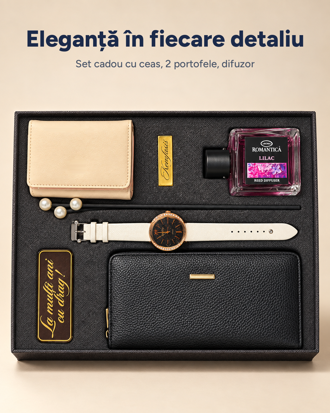 Set cadou Elegance damă: ceas, portofel, suport carduri, difuzor