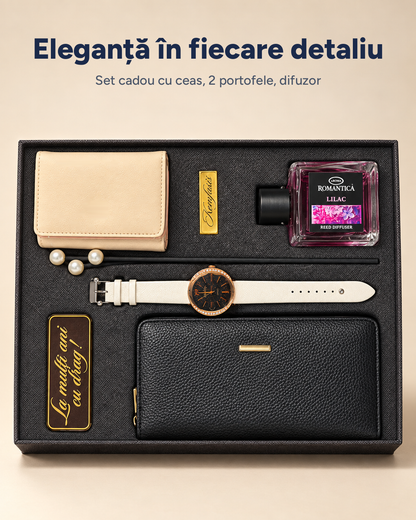 Set cadou Elegance damă: ceas, portofel, suport carduri, difuzor