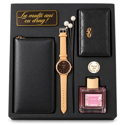 Set cadou Elegance damă: ceas, portofel, suport carduri, difuzor