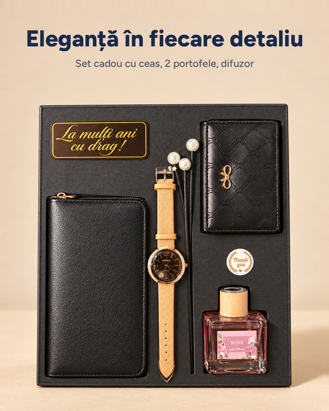 Set cadou Elegance damă: ceas, portofel, suport carduri, difuzor
