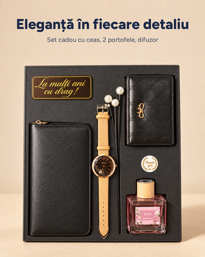 Set cadou Elegance damă: ceas, portofel, suport carduri, difuzor