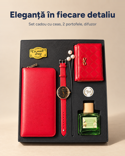 Set cadou Elegance damă: ceas, portofel, suport carduri, difuzor
