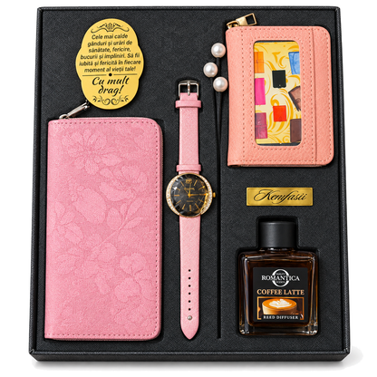 Set cadou Elegance damă: ceas, portofel, suport carduri, difuzor