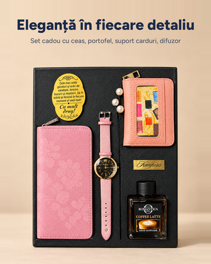 Set cadou Elegance damă: ceas, portofel, suport carduri, difuzor