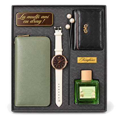 Set cadou Elegance damă: ceas, portofel, suport carduri, difuzor