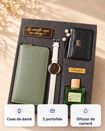 Set cadou Elegance damă: ceas, portofel, suport carduri, difuzor