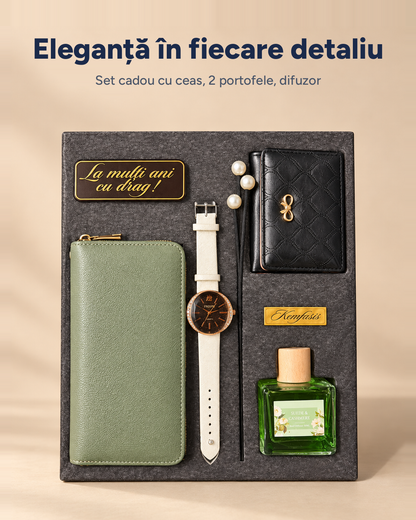 Set cadou Elegance damă: ceas, portofel, suport carduri, difuzor