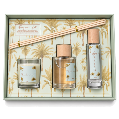 Set parfum de cameră Beach Escape: difuzor, lumânare și spray