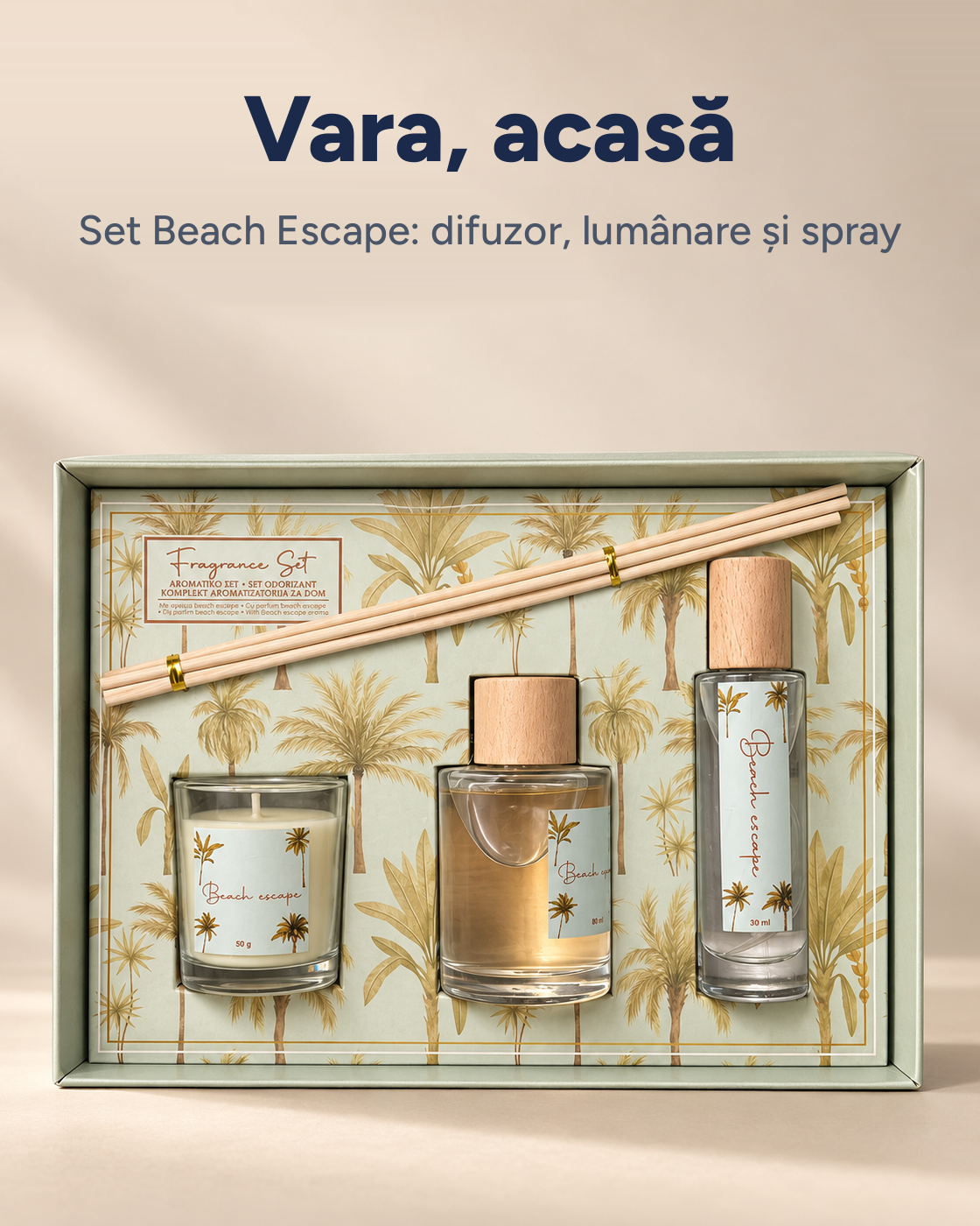 Set parfum de cameră Beach Escape: difuzor, lumânare și spray