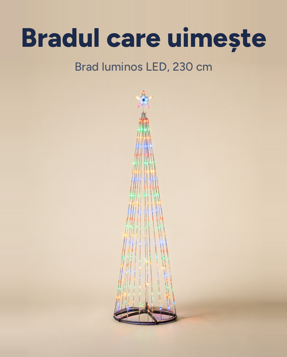 Brad luminos LED tip con, 370 LED, 230 cm, multicolor sau alb cald, 11 efecte