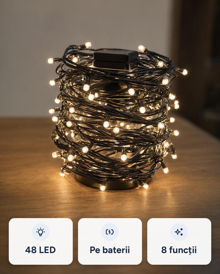 Instalație LED 48 LED, alb cald, 3,5 m, 8 funcții, timer, pe baterii