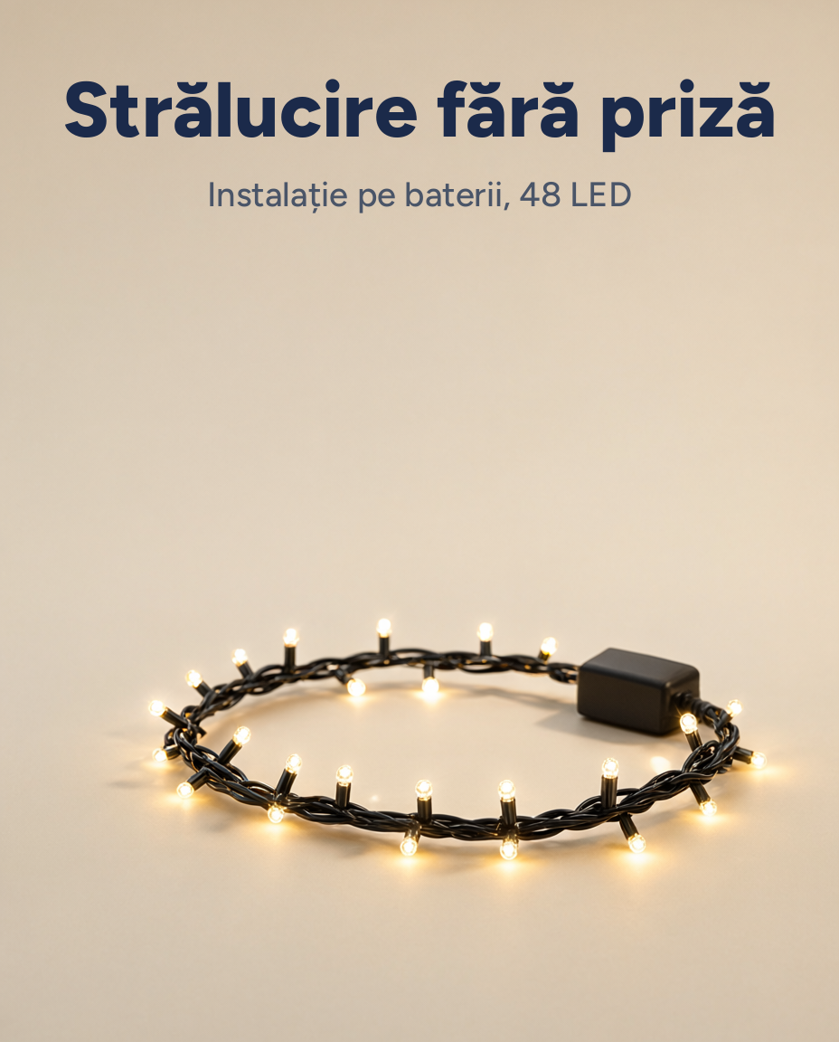Instalație LED 48 LED, alb cald, 3,5 m, 8 funcții, timer, pe baterii
