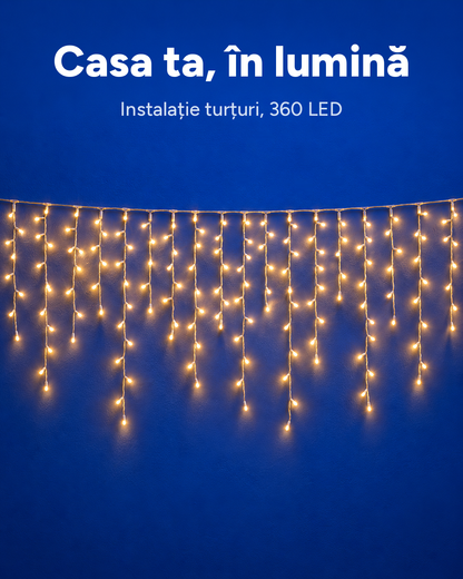 Instalație LED tip turțuri, 360 LED, alb cald, interior și exterior