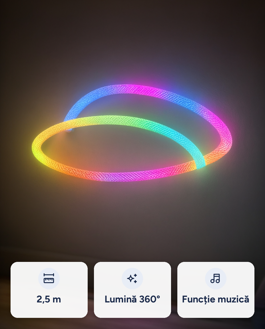Tub LED flexibil din textil, 2,5 m, RGB, funcție muzică, telecomandă