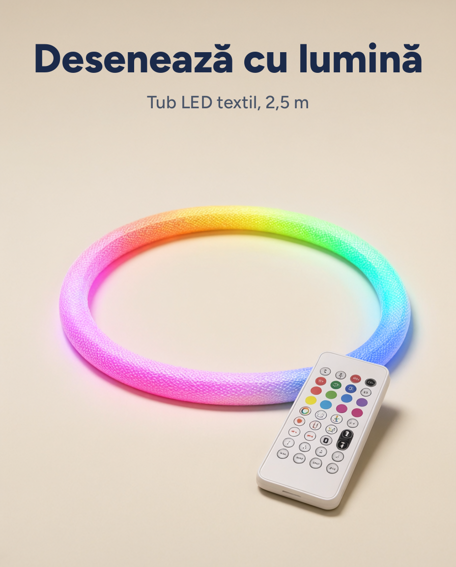 Tub LED flexibil din textil, 2,5 m, RGB, funcție muzică, telecomandă