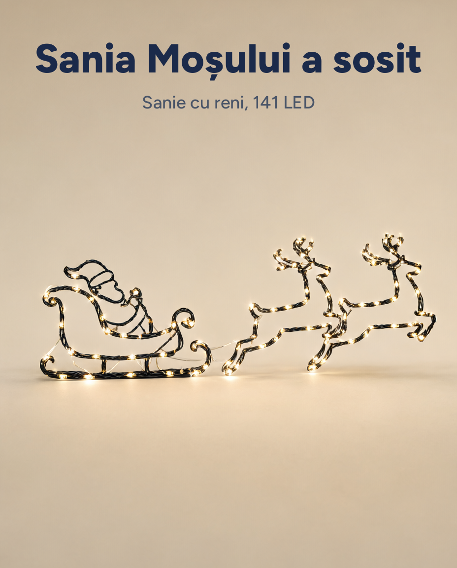 Set decorațiuni luminoase sanie cu reni, 141 LED, alb cald, 8 funcții, pe baterii